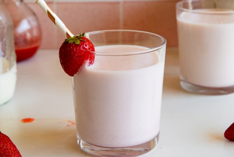 strawberry milk in glass.