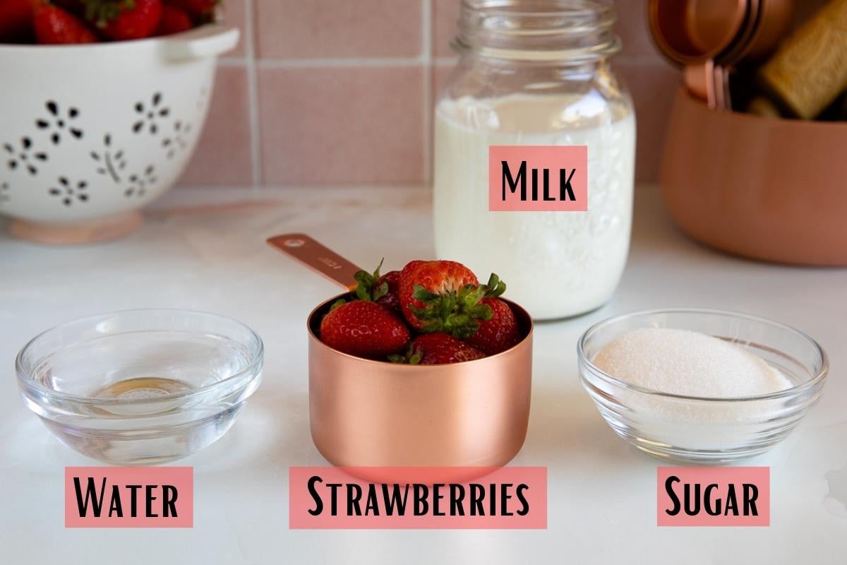 strawberry milk ingredients of milk, strawberries, sugar, and water. 