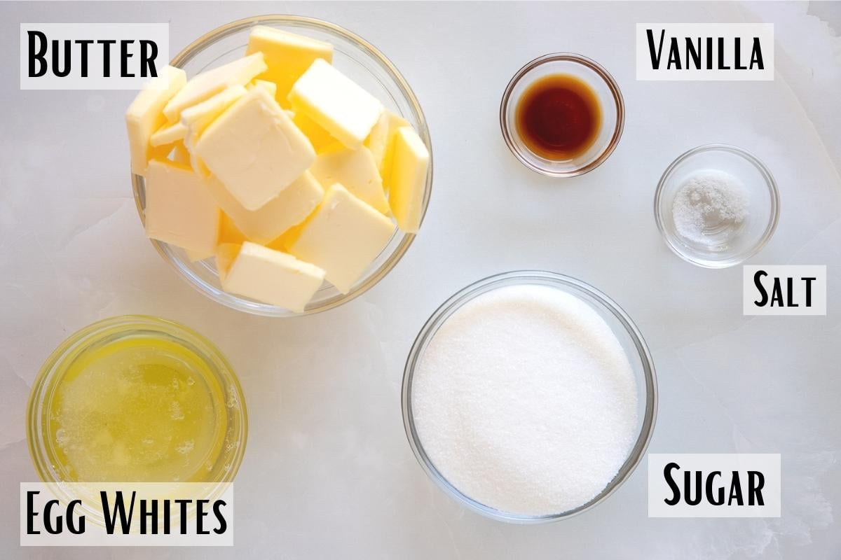 swiss meringue buttercream ingredients of egg whites, butter, sugar, vanilla, salt. 