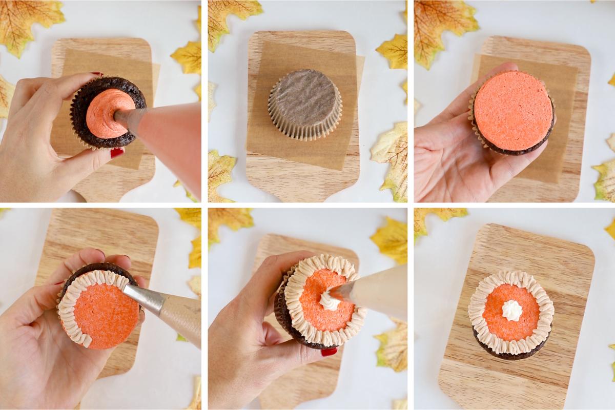 process of making a pumpkin pie decorated cupcake with frosting.
