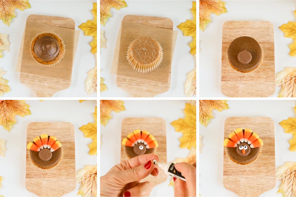 process of making a turkey cupcake with candy corn.