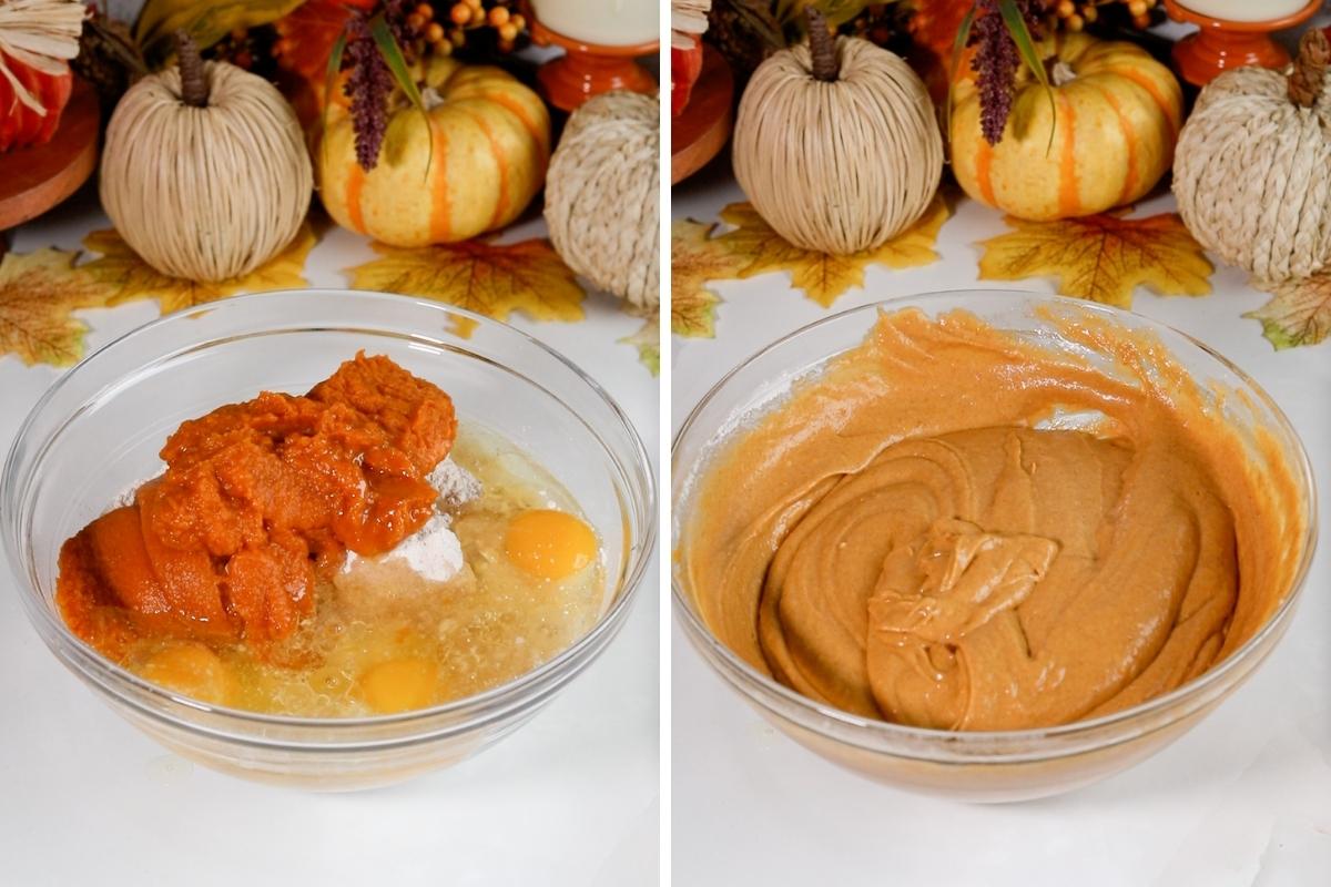 mixing ingredients in bowl for pumpkin spice cupcakes.