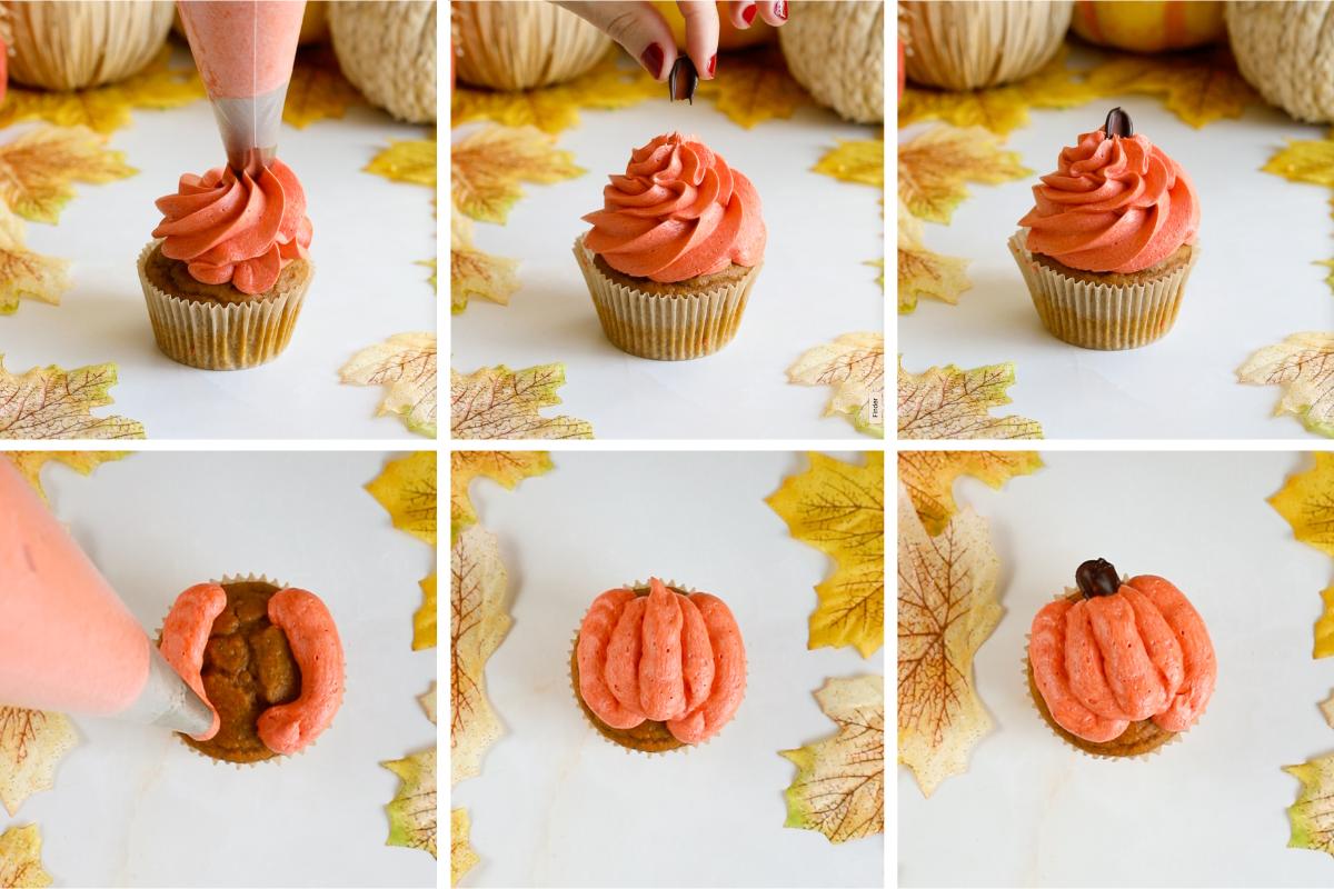 piping pumpkins onto cupcakes. 