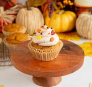 easy pumpkin spice cupcakes with brown sugar frosting and sprinkles up close.