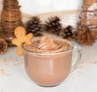 easy hot chocolate in mug with cookie and chocolate whipped cream.