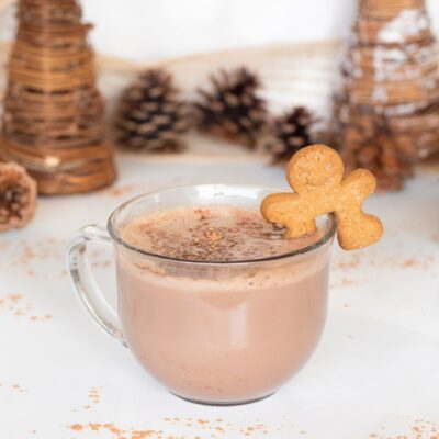 easy hot chocolate in mug with cookie.