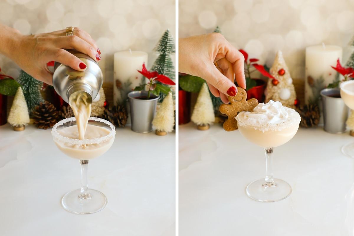 pouring and adding a garnish to a sugar cookie martini. 