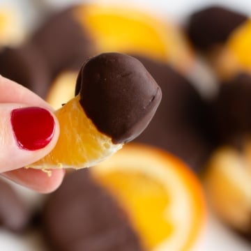 chocolate covered orange slice up close.