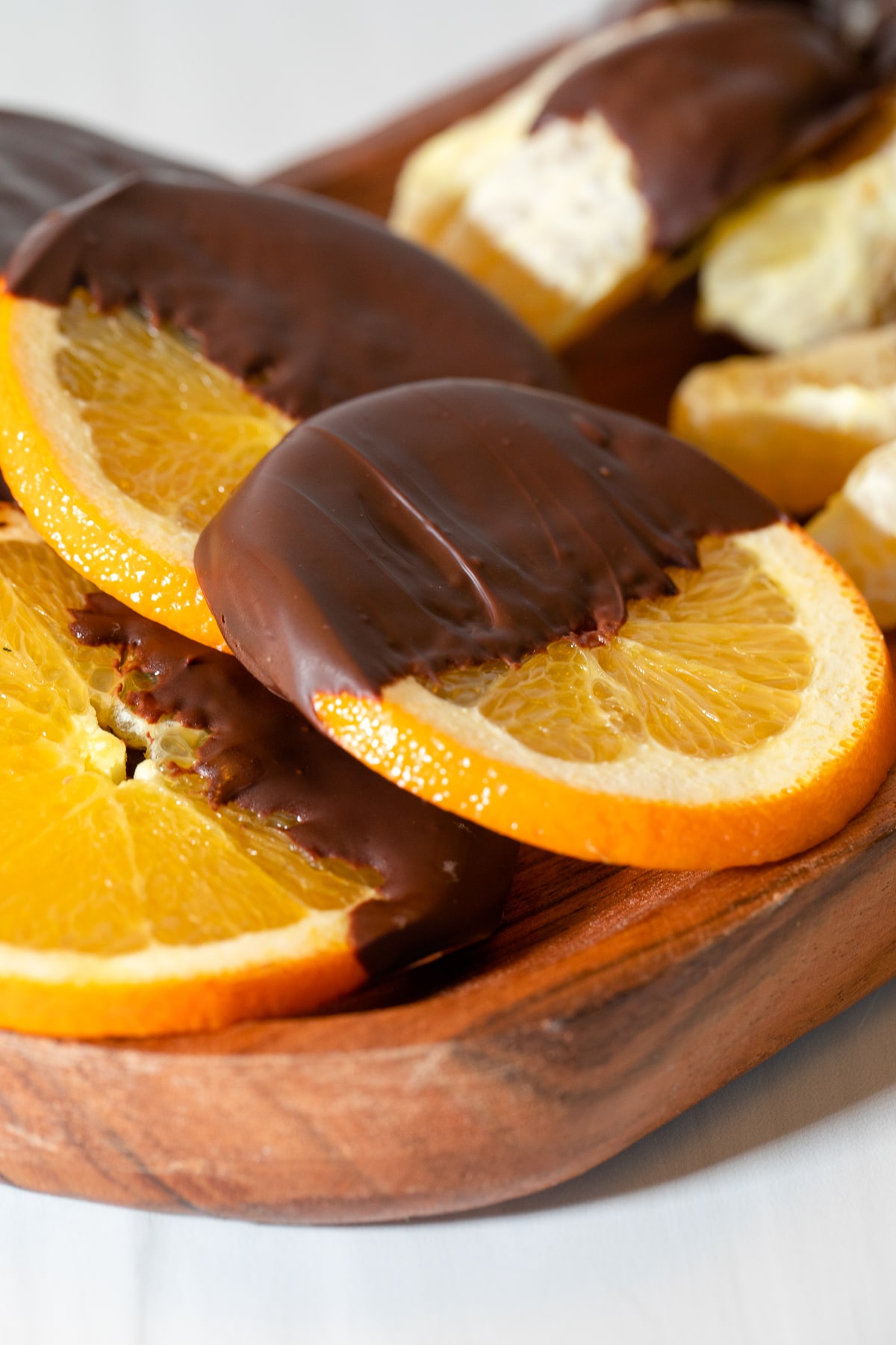chocolate covered orange slice up close.