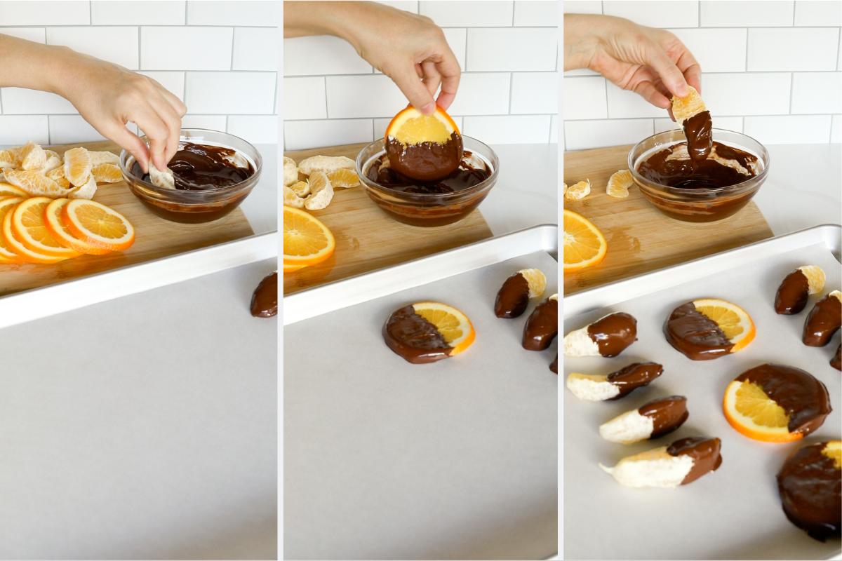 dipping orange slices into chocolate. 