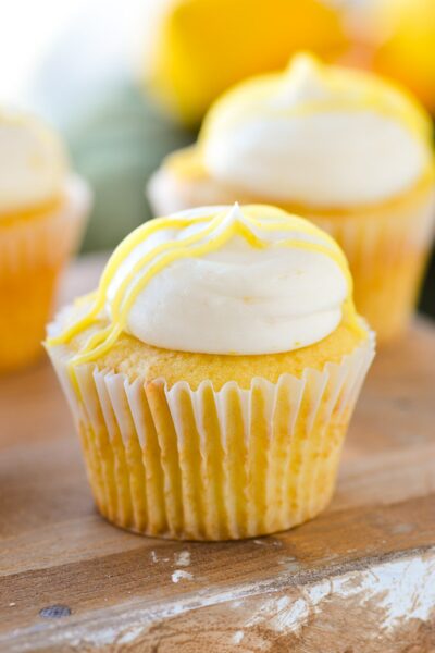 lemon buttercream frosting on cupcake close up.