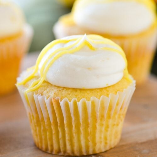 lemon buttercream frosting on cupcake close up.
