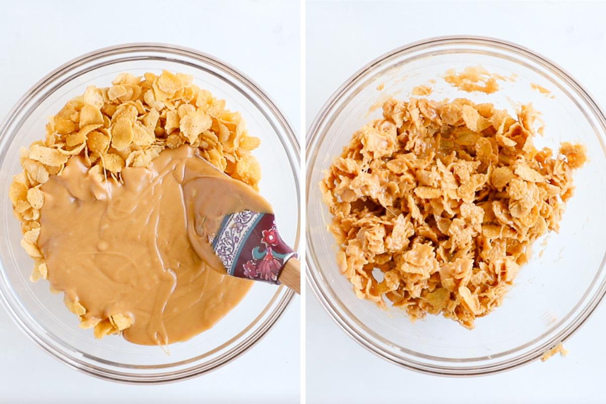 mixing peanut butter sugar mixture with cornflakes.