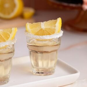 chocolate cake with lemon wedge shot up close.