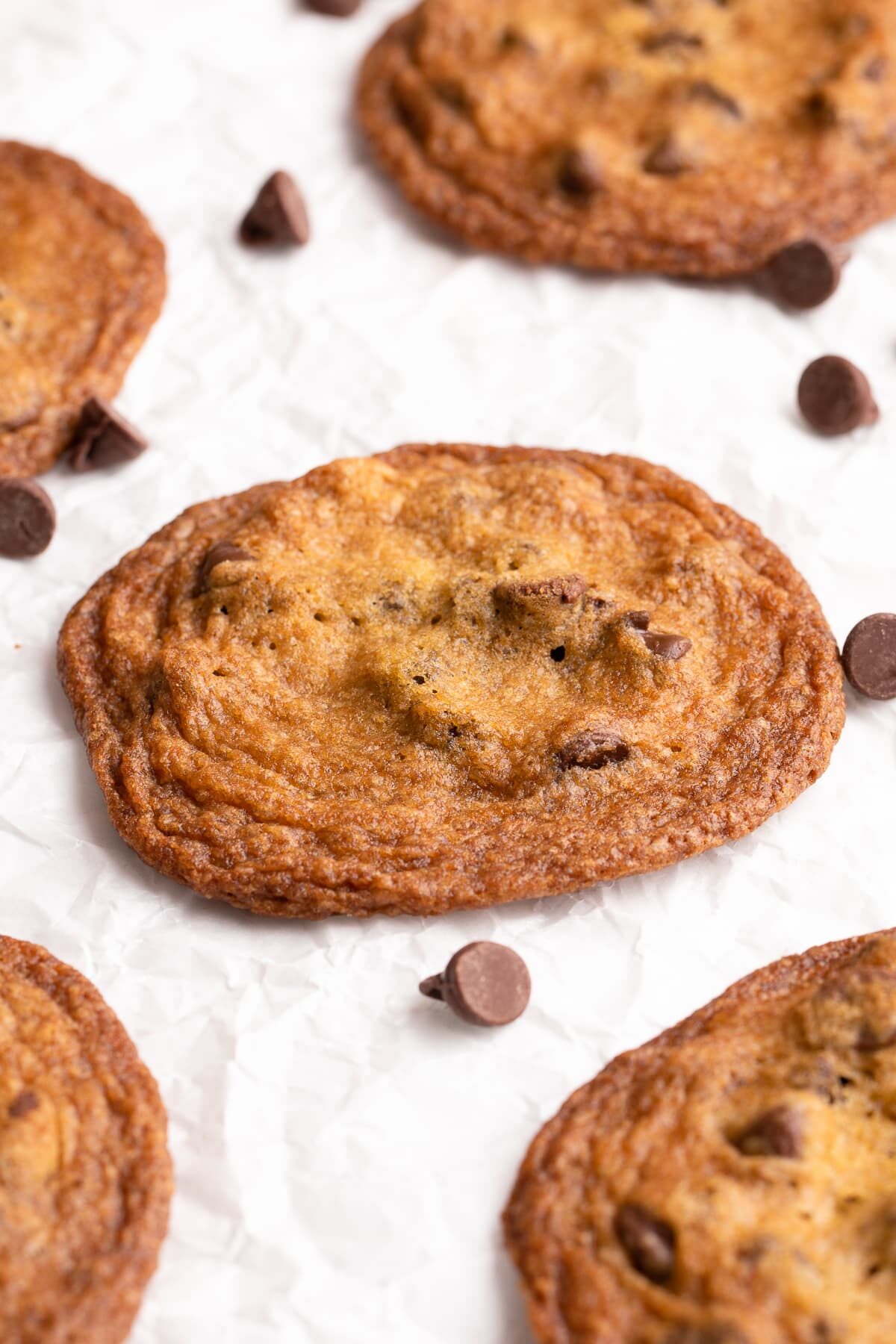 crispy chocolate chip cookies up close.