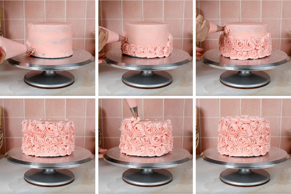 adding rosettes to a cake.