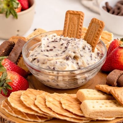 Chocolate chip cheesecake dip on serving platter.