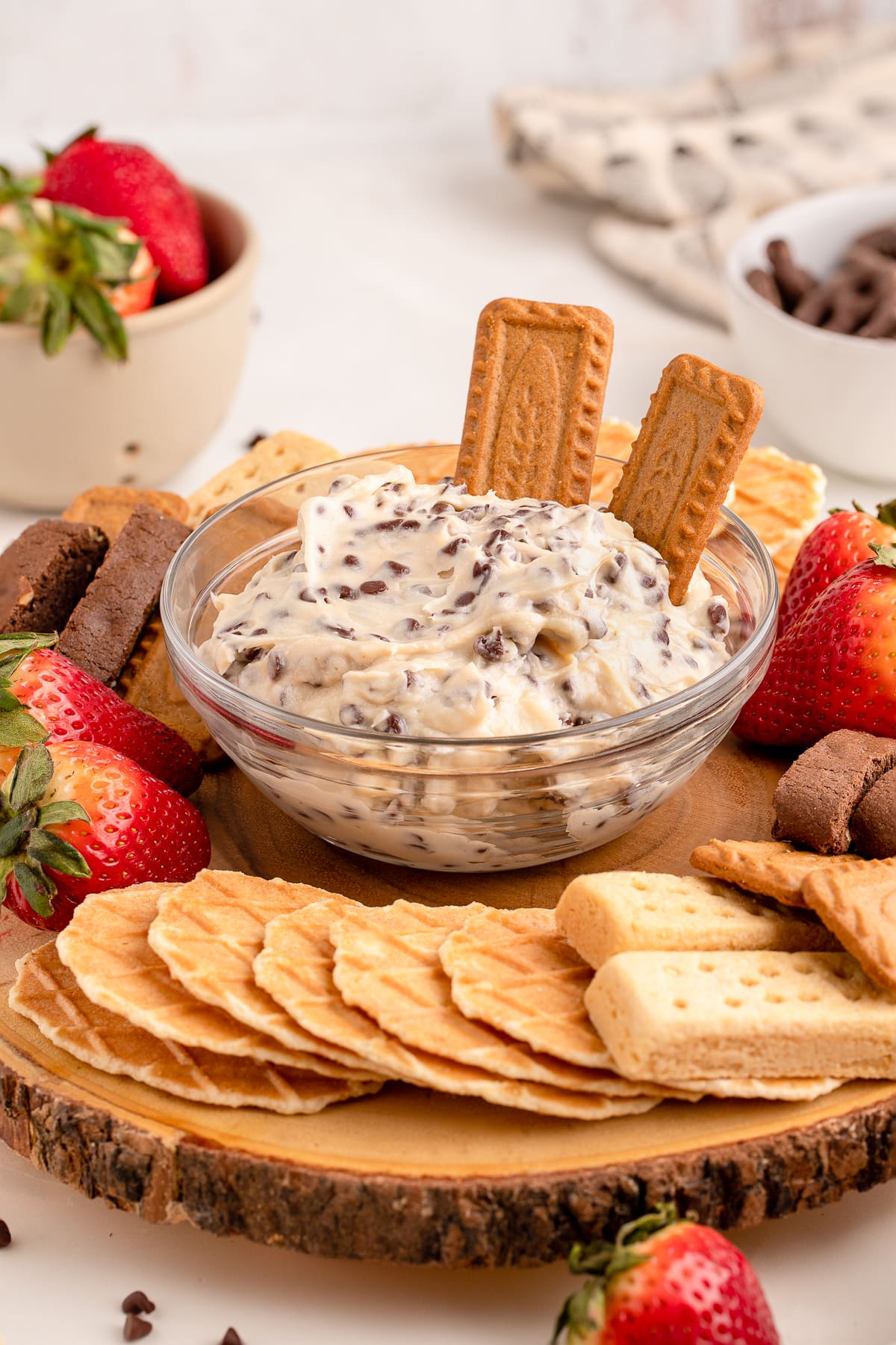 Chocolate chip cheesecake dip on serving platter. 
