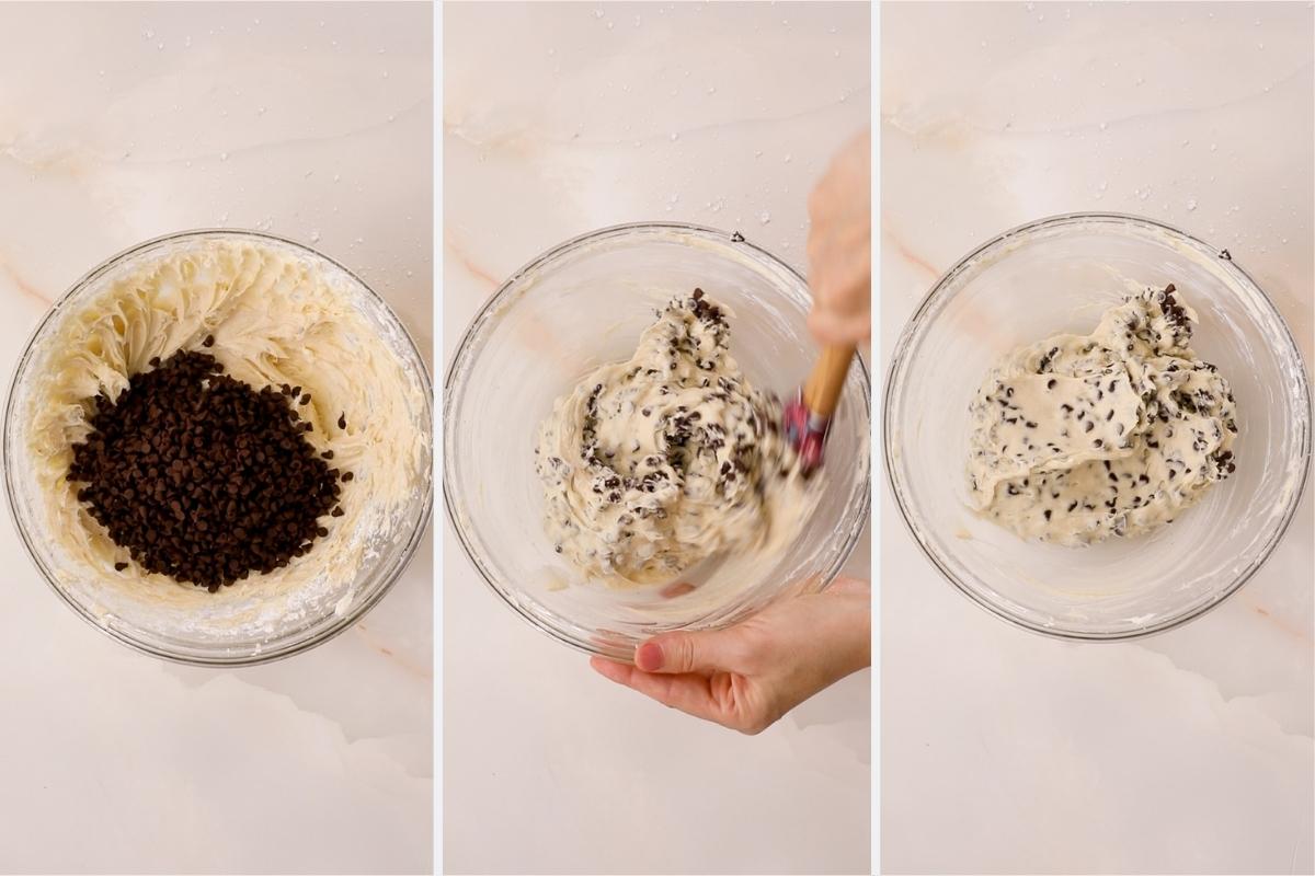 adding chocolate chips to chocolate chip dip.