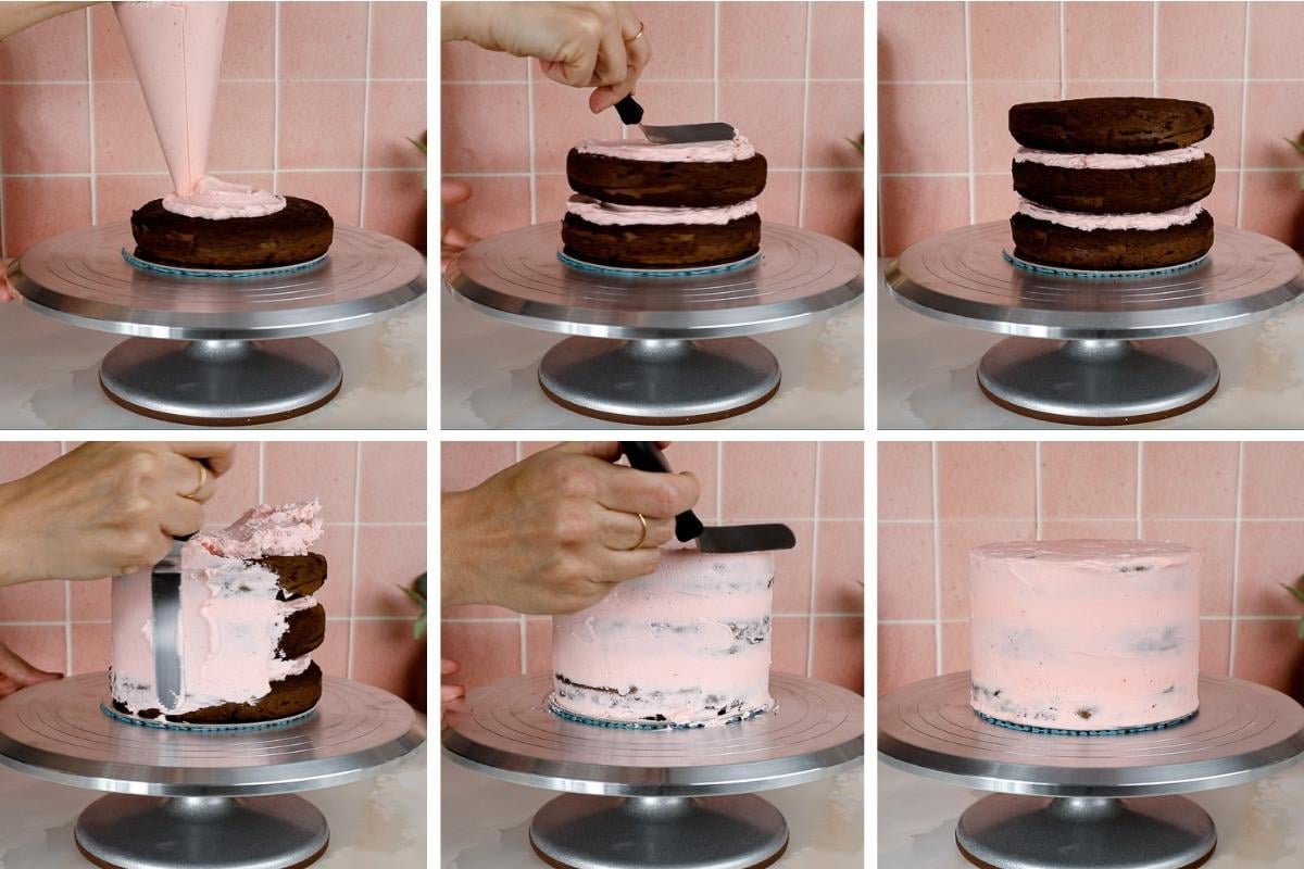 filling and frosting a cake.