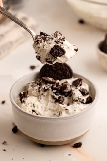 oreo fluff salad on spoon.