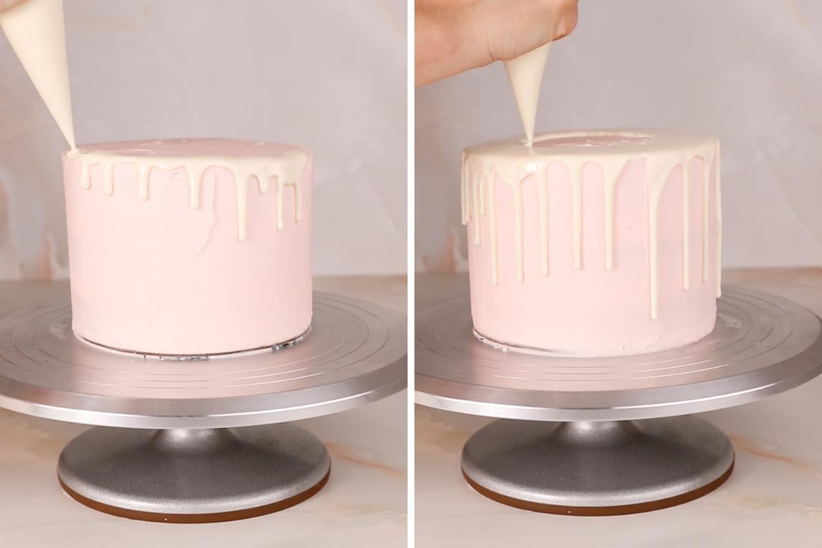adding white chocolate drip to a cake.