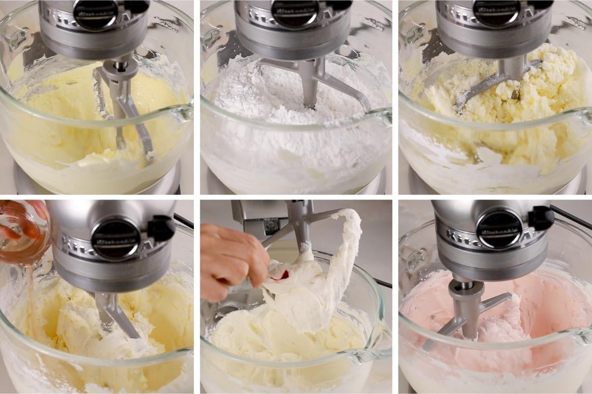 process of making pink champagne frosting.