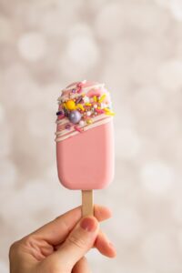 holding up pink cakesicle.