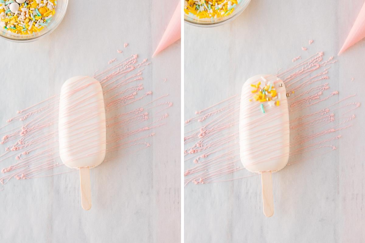decorating cakesicles with pink chocolate and sprinkles.