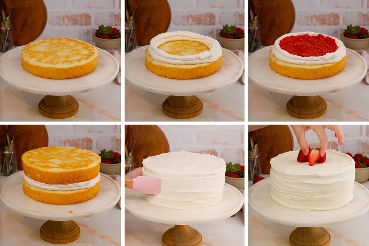 process of frosting vanilla cake with strawberry filling.