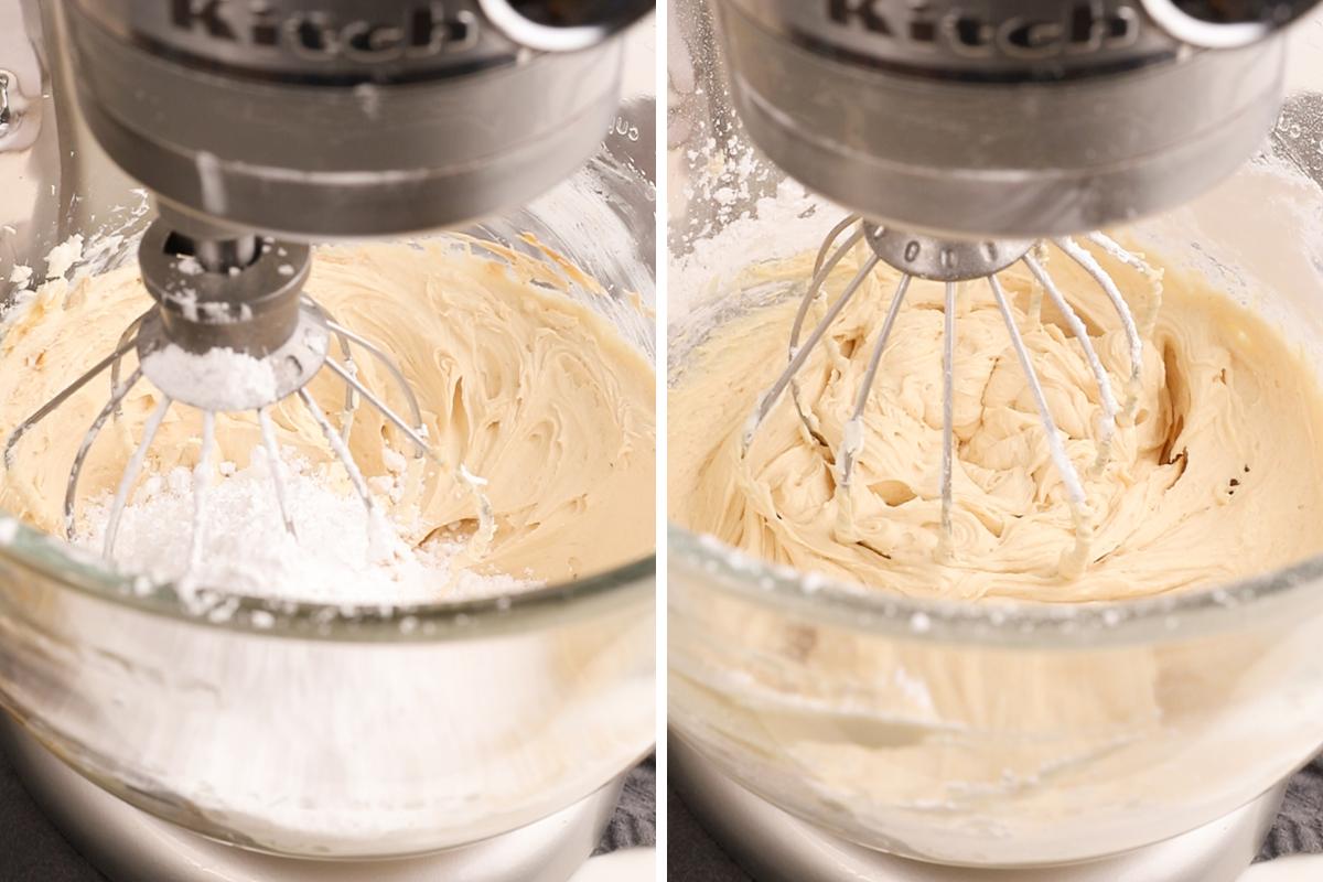 adding powdered sugar to cream cheese peanut butter frosting.