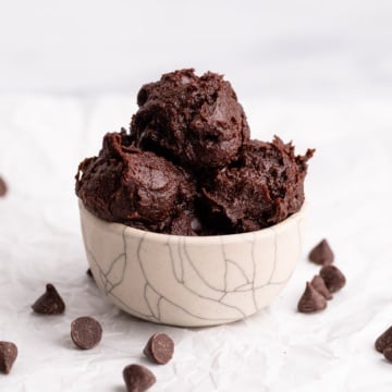 edible brownie batter in bowl.