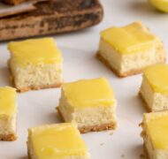 lemon cheesecake squares cut up close.