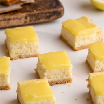 lemon cheesecake squares cut up close.