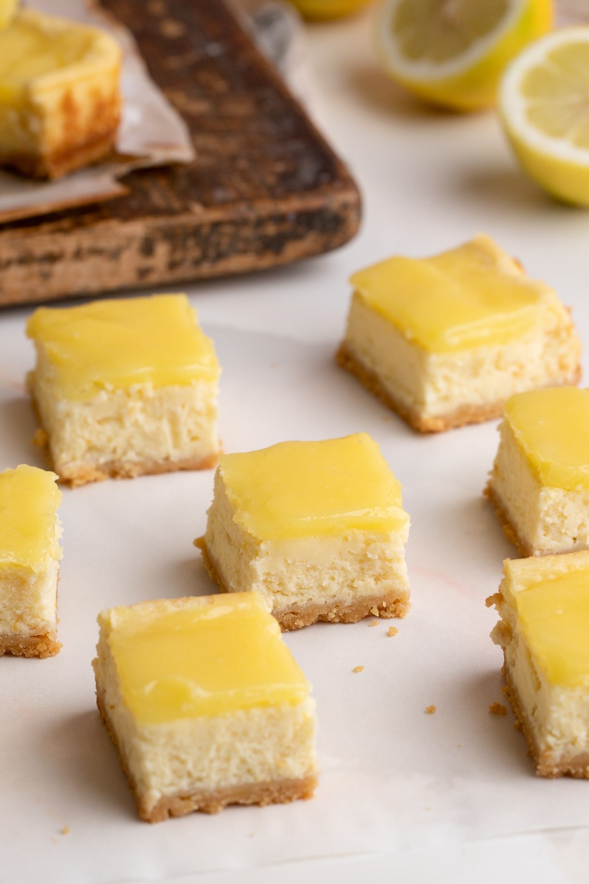 lemon cheesecake squares cut up close.