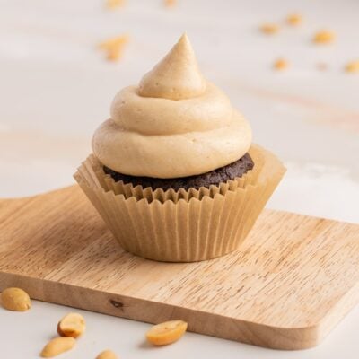 peanut butter cream cheese frosting on cupcake.