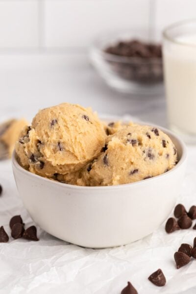 bowl of edible chocolate chip cookie dough.
