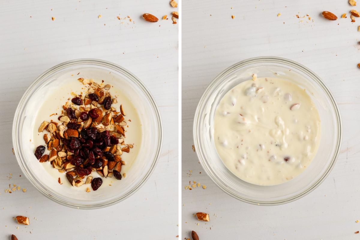 adding almonds and cranberries to white chocolate.