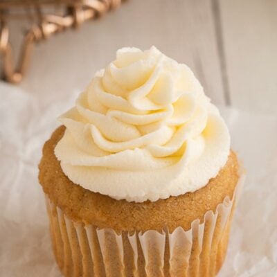 Almond buttercream on cupcake.