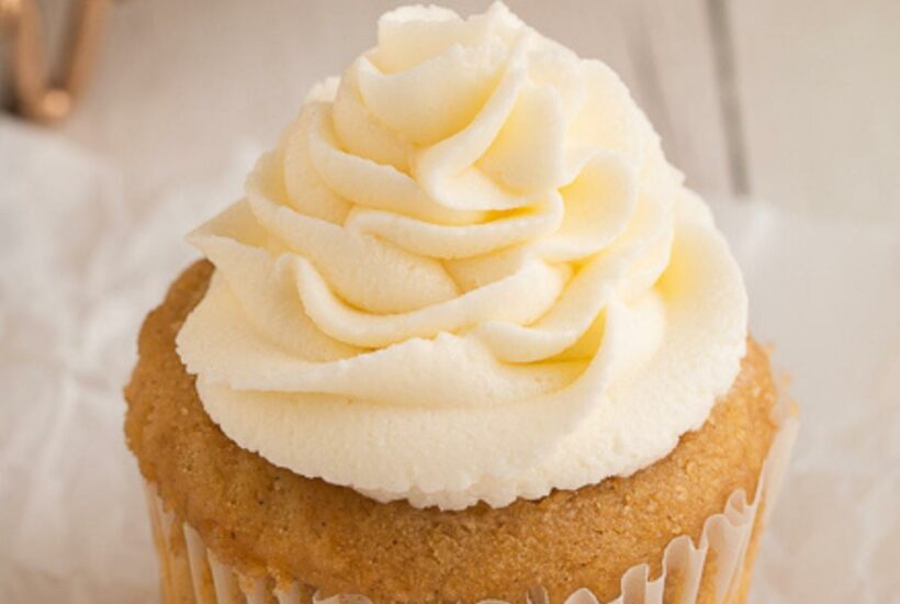 Almond buttercream on cupcake.