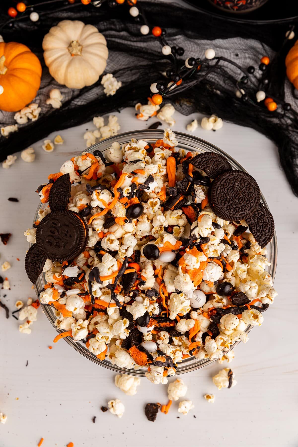 halloween popcorn in bowl from top up close.