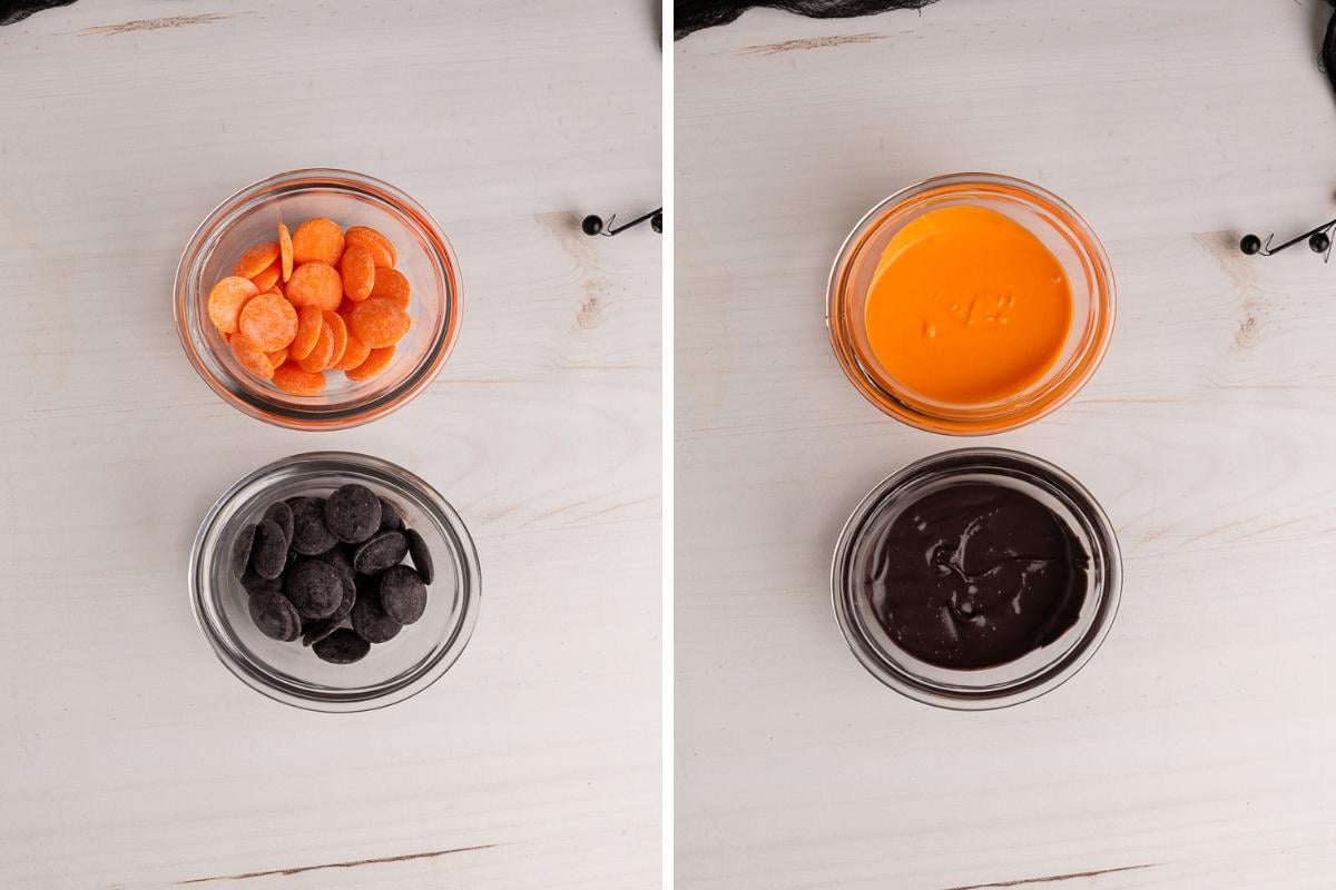 melting orange and black candy melts.