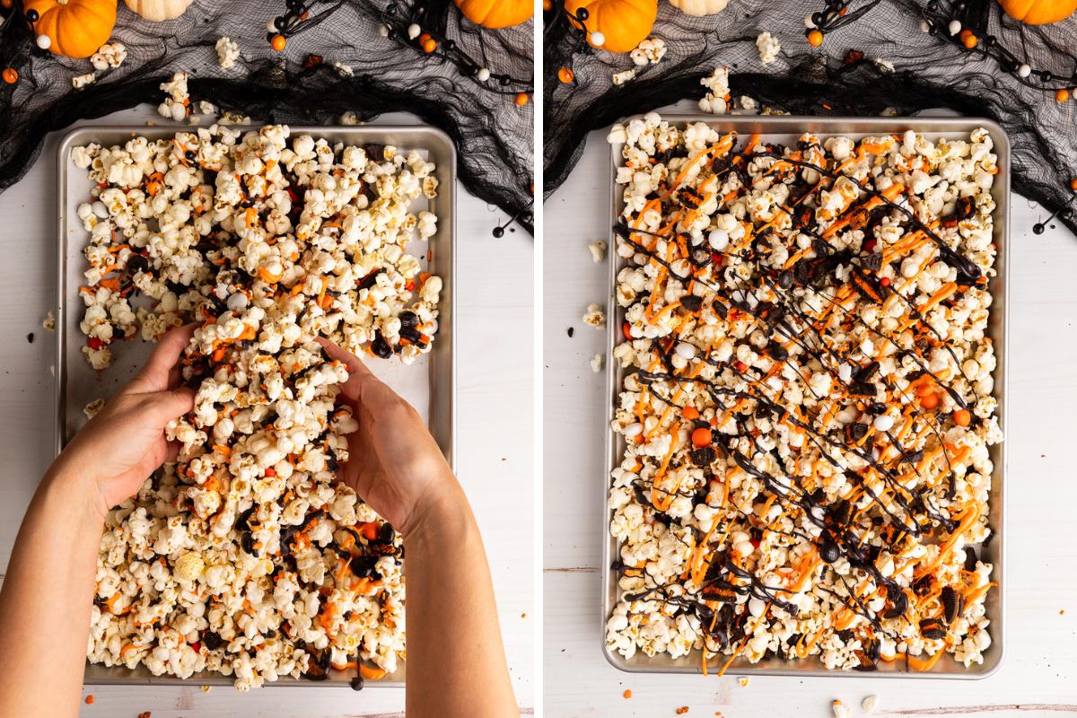 mixing halloween popcorn.