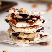 a stack of white chocolate bark up close.