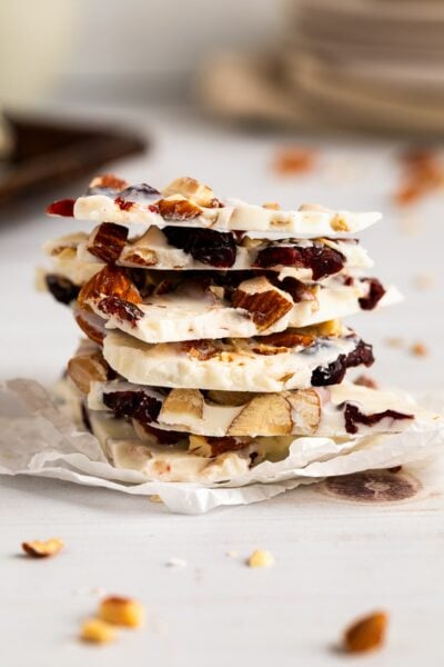 a stack of white chocolate bark up close.