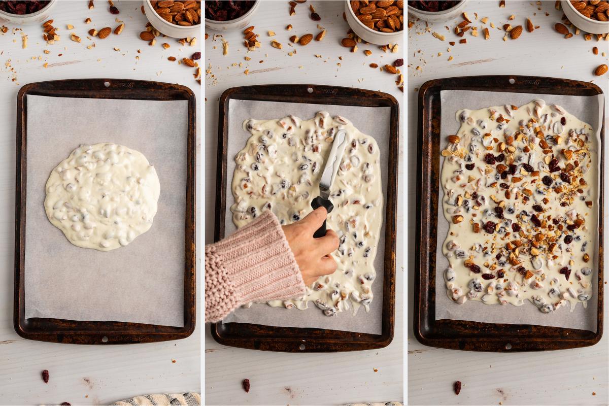 spreading white chocolate bark on parchment.