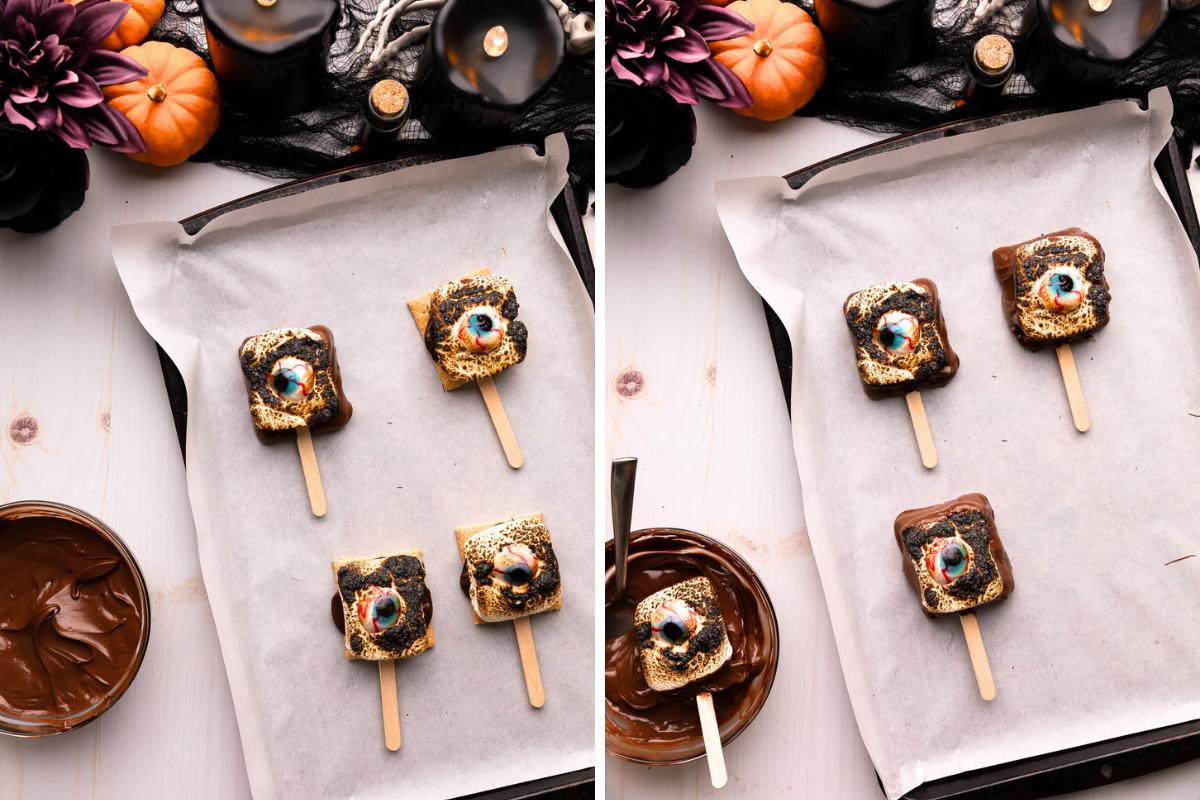 covering Halloween S'mores in Chocolate.
