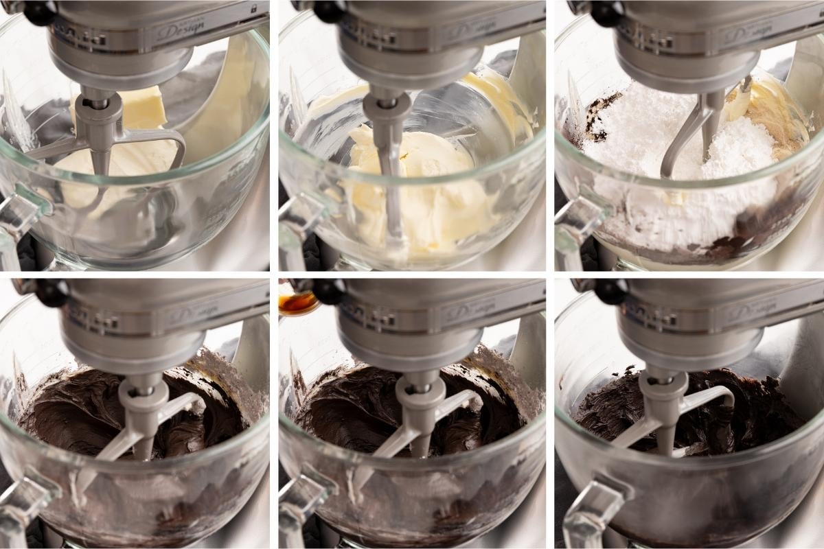 process of making black cream cheese frosting.