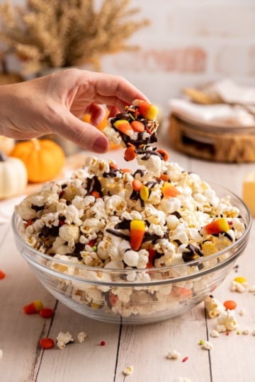 holding a piece of candy corn popcorn.
