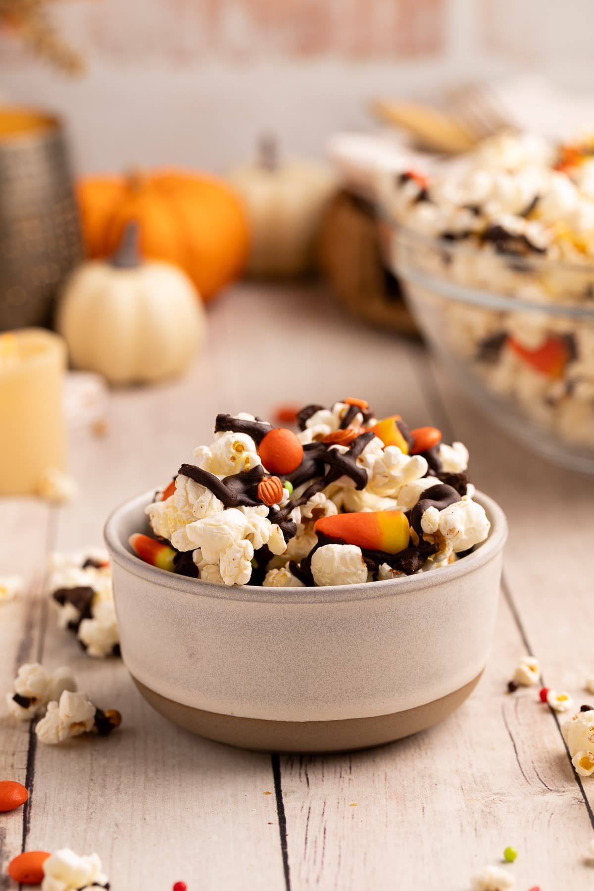 candy corn popcorn in serving bowl.